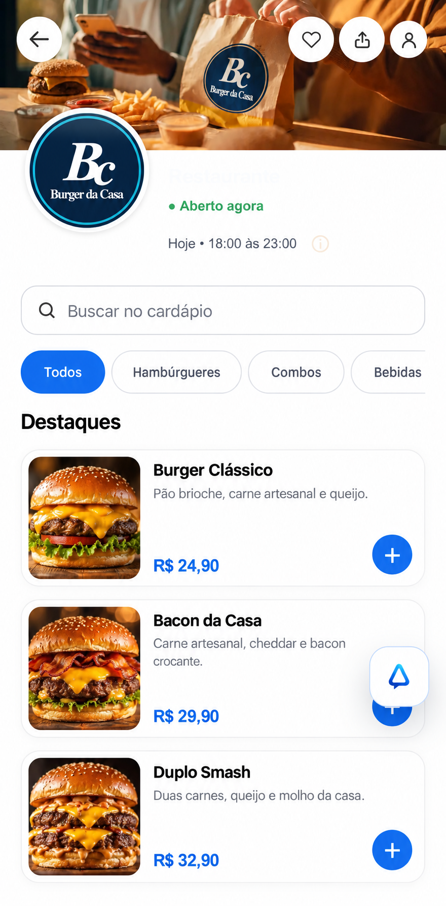 Cardápio Burger da Casa no CardápioOn, com capa, horário de funcionamento, pesquisa, categorias e fotos dos hambúrgueres.