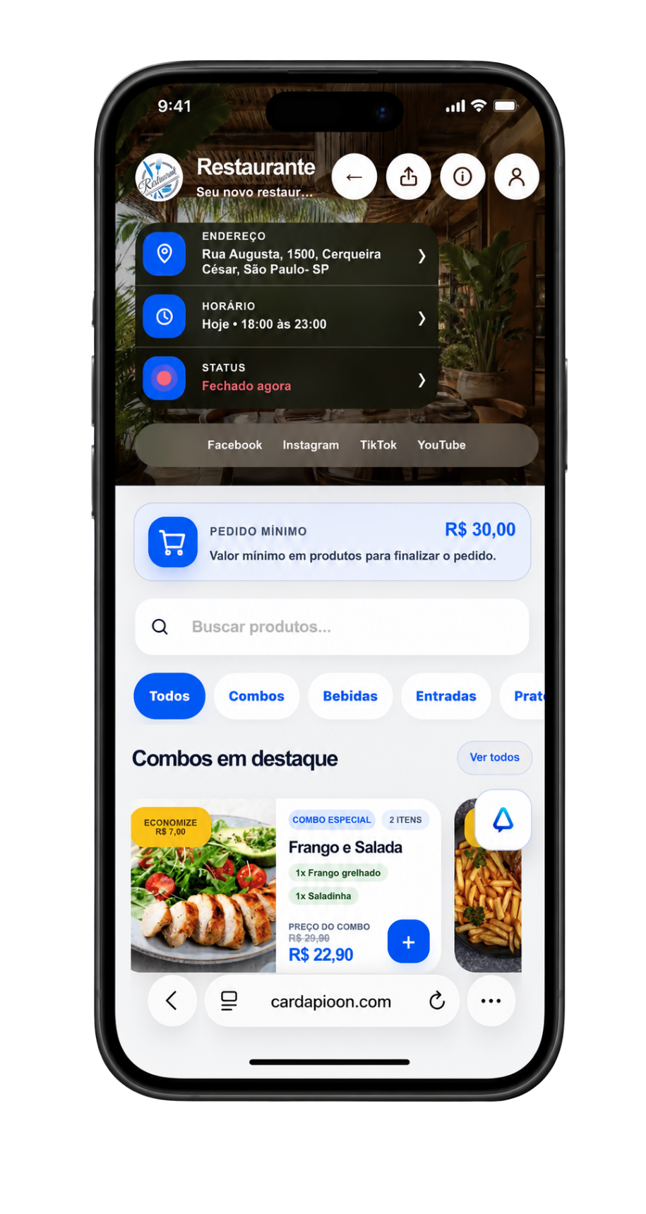 Demonstração do CardápioOn aberta em um celular